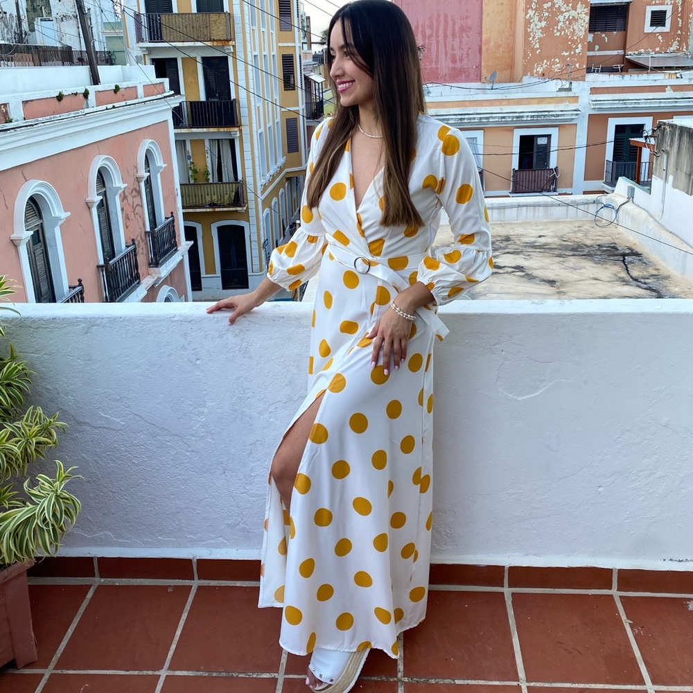 White and Yellow Polka Dot Maxi Dress